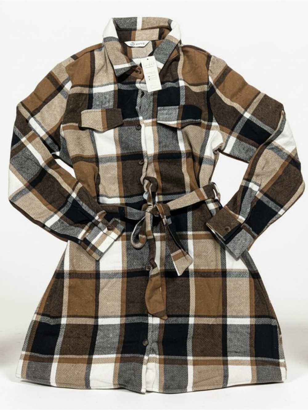 Cupshe Brown Black White Plaid Belted Sweater Dress